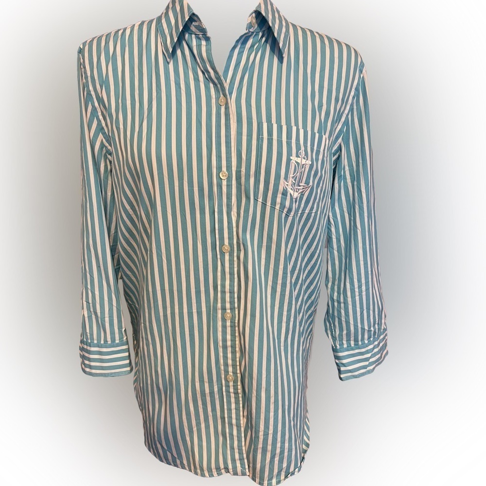 Ralph Lauren Blue White Stripe Cotton Button Shirt Anchor Logo L